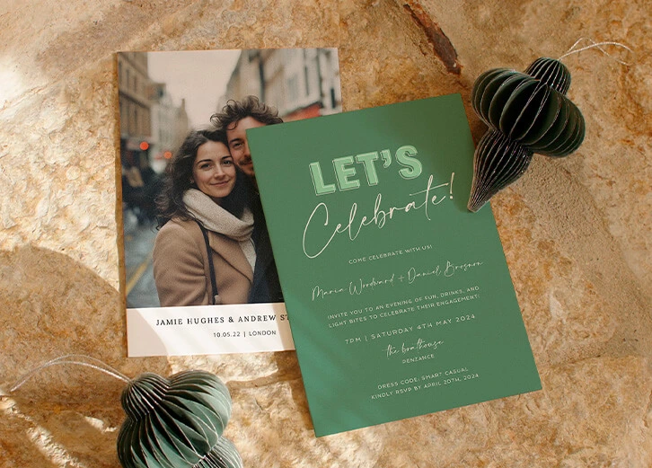 Elegant green-themed engagement party invitation paired with a photo card