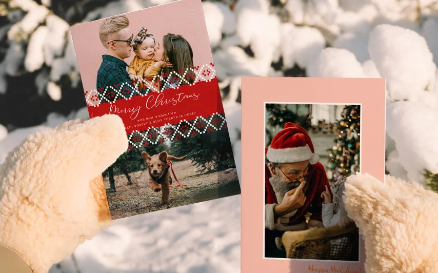 Personalised Christmas cards featuring family photos and festive designs