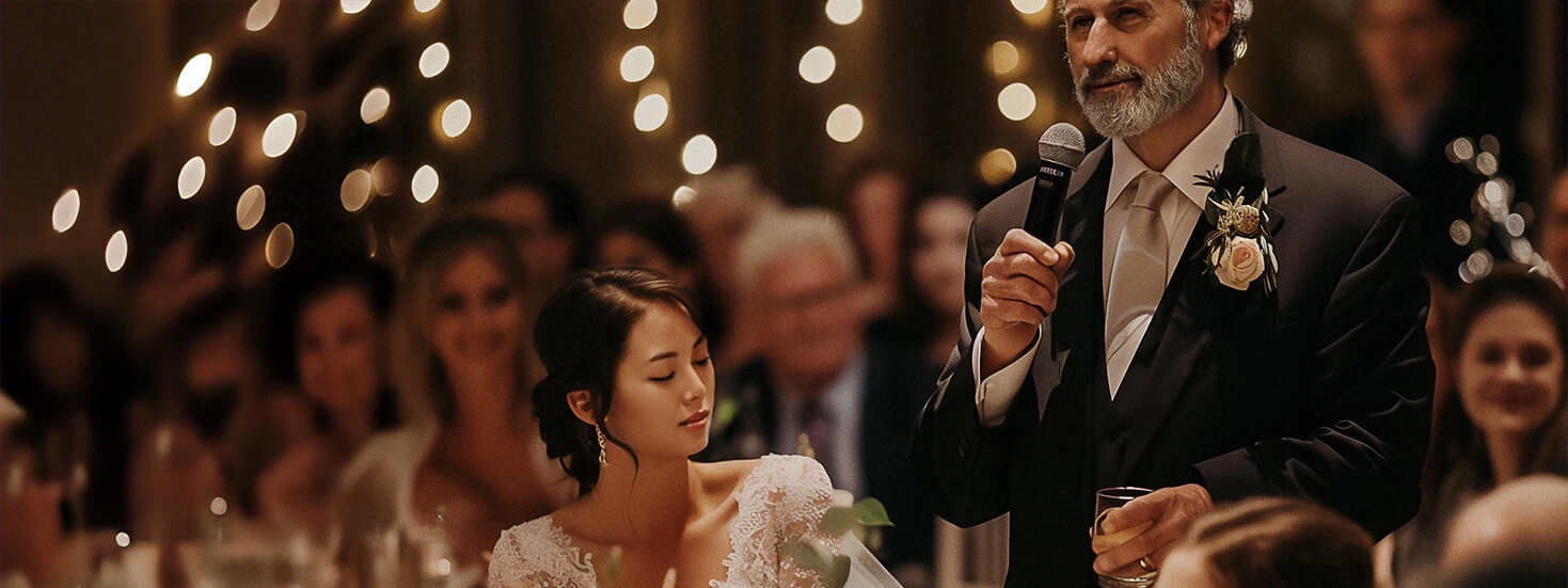 Father of the bride giving a heartfelt speech at a beautifully lit wedding reception