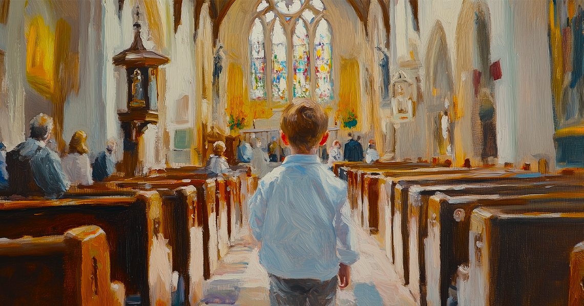 A painting of a boy walking into his First Holy Communion