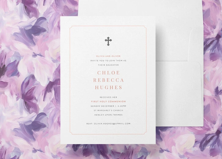 Elegant First Holy Communion invitations featuring beautiful religious and floral designs