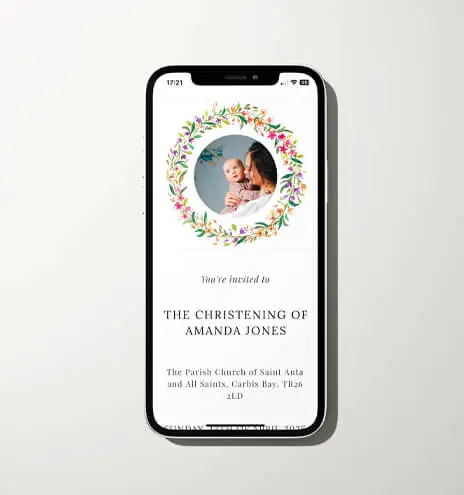 Digital christening invitation featuring a circular floral motif