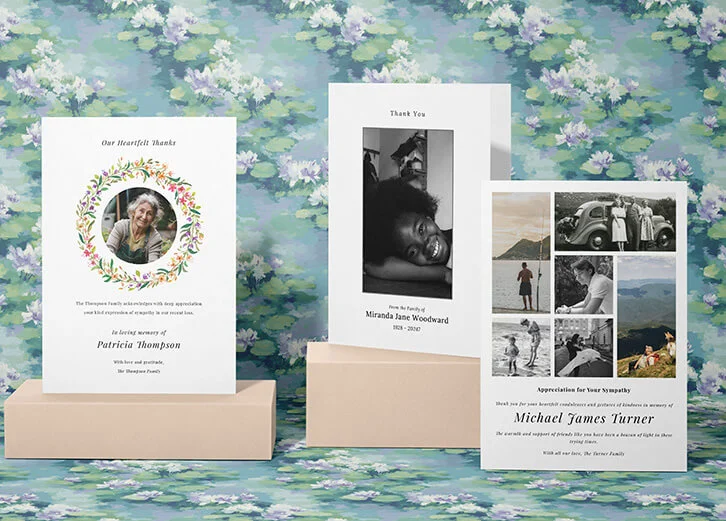 Beautifully designed funeral gratitude cards with floral accents and thoughtful wording