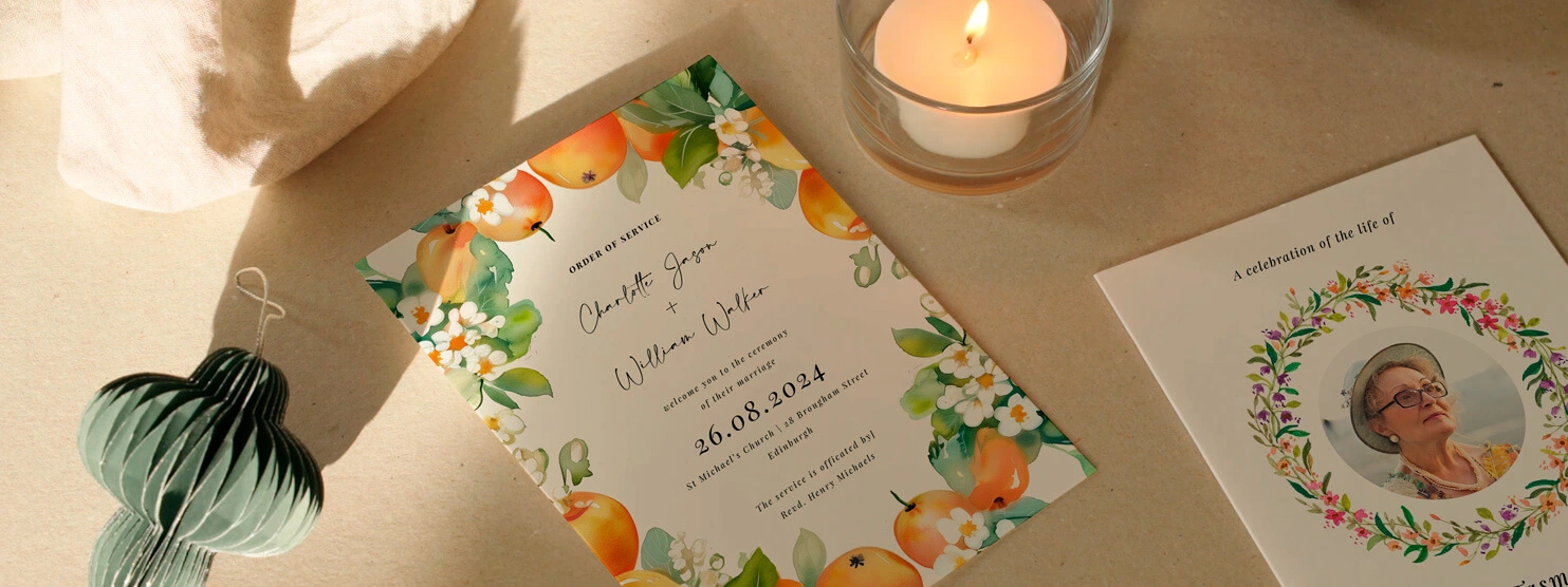 Stunning floral order of service cards for weddings or baptisms on a warm decorative backdrop