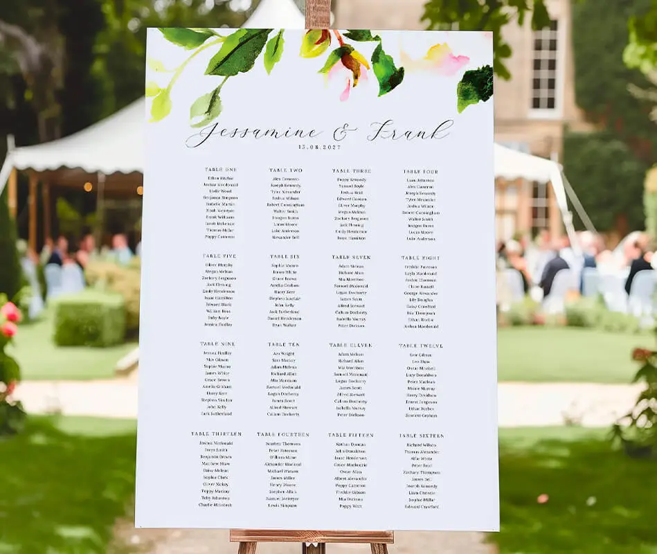 Wedding table plan with elegant floral accents and guest details