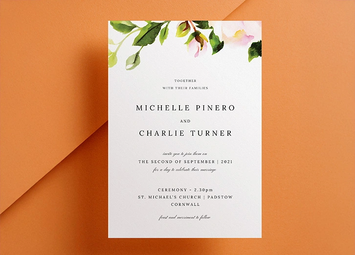 Elegant wedding invitation with soft watercolour floral elements and modern typography.