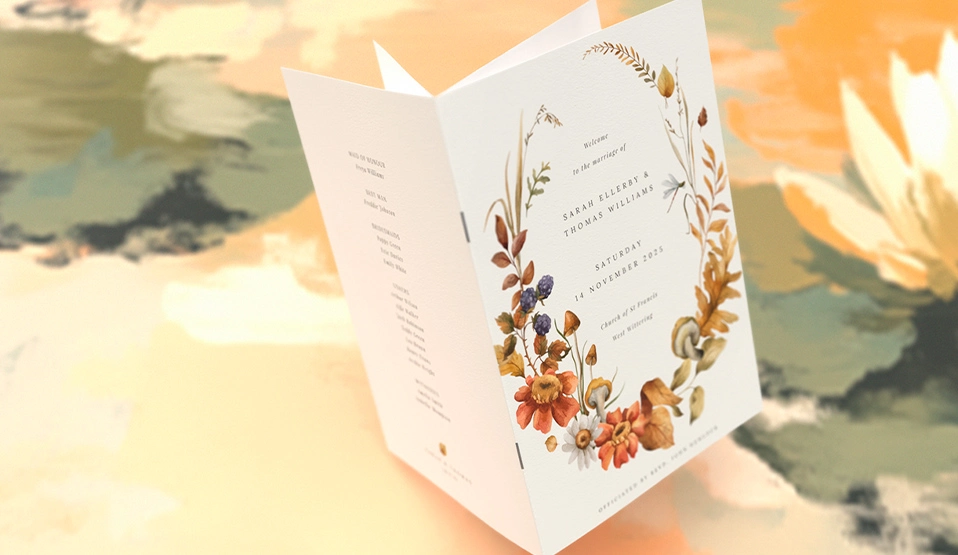 Elegant floral wedding invitation card with autumnal theme and text details