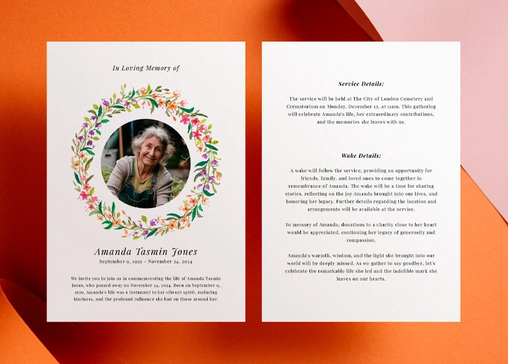 Funeral announcement card with a floral wreath and personal details