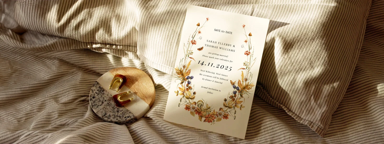 Wedding save the date card with a charming floral wreath design in soft autumn tones