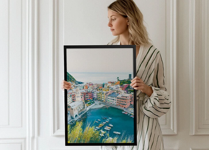 Premium framed photo featuring a vibrant coastal Italian village, ideal for artistic home decor