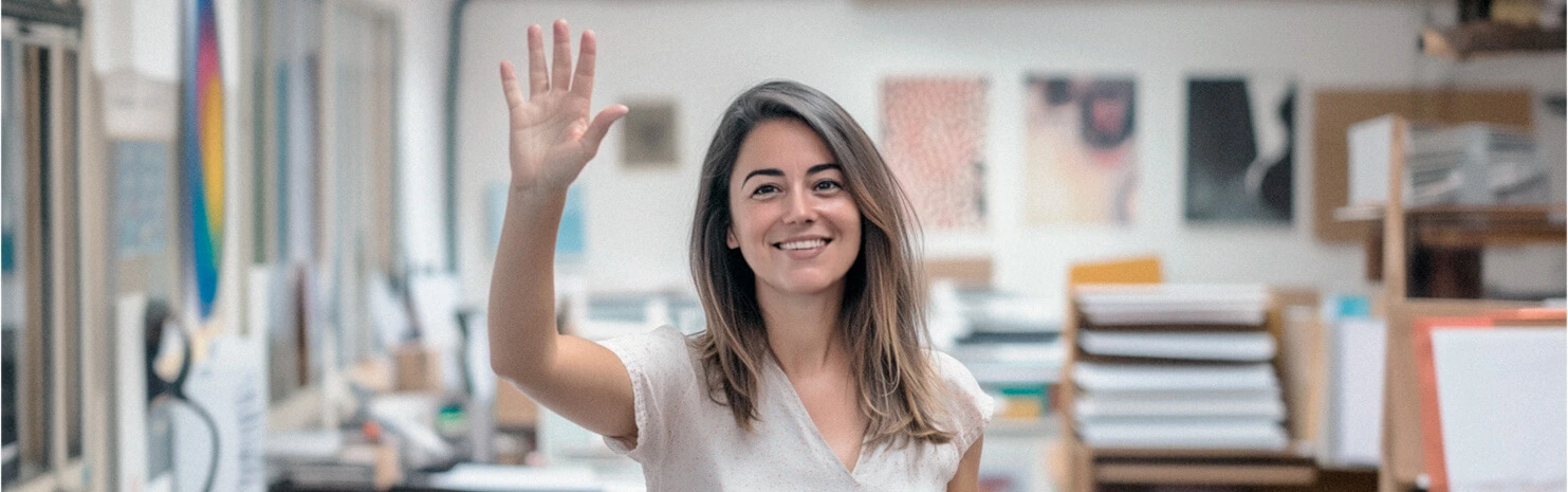 Smiling woman waving in a professional print studio environment