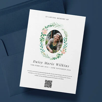 Funeral announcement card featuring a photo and heartfelt text