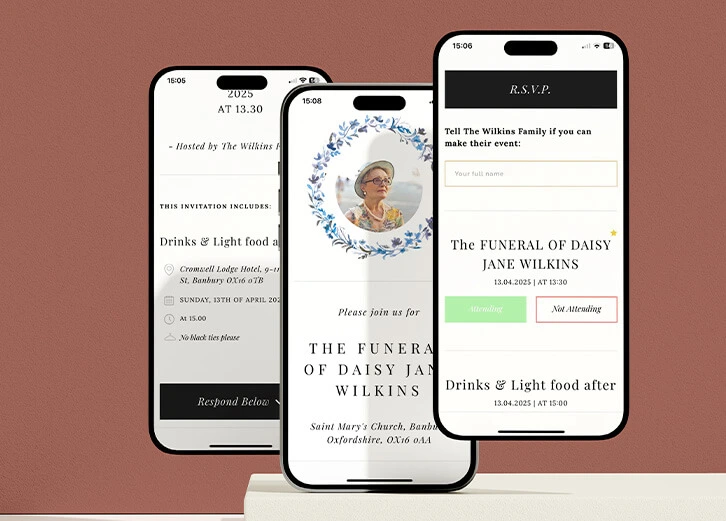 Funeral invitation with RSVP functionality on smartphones