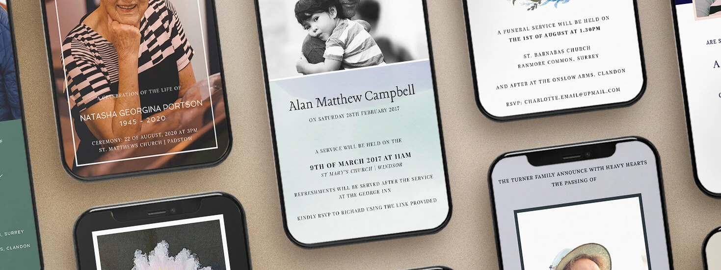 A selection of personalised digital funeral announcements displayed on smartphones, offering modern designs for WhatsApp sharing.