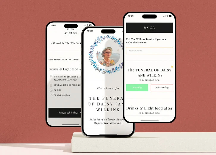 Funeral invitation with RSVP functionality on smartphones