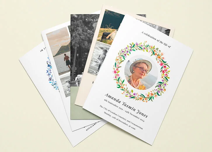 Elegant funeral order of service designs with floral and photographic customisation options