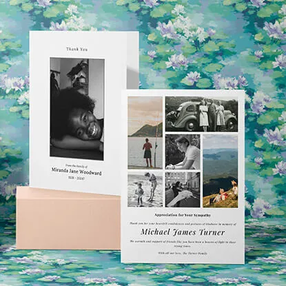 Funeral thank you cards with custom photo designs and heartfelt messages