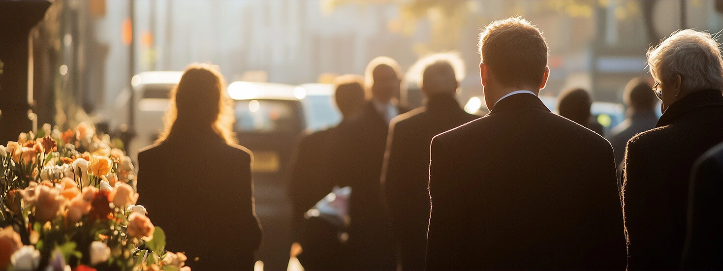 Funeral procession captured with warm light and vibrant flower arrangements, symbolising remembrance