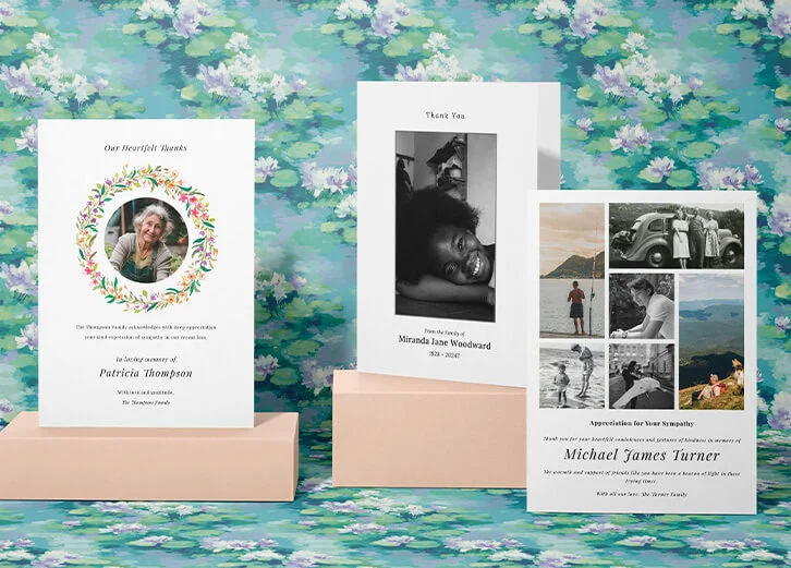 Thoughtful Funeral thank-you cards with photo layouts and heartfelt messages