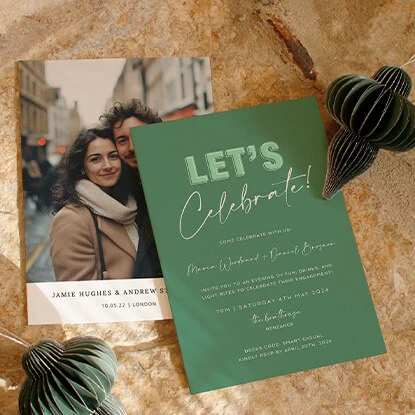 Green-themed engagement party invitation paired with a modern photo card