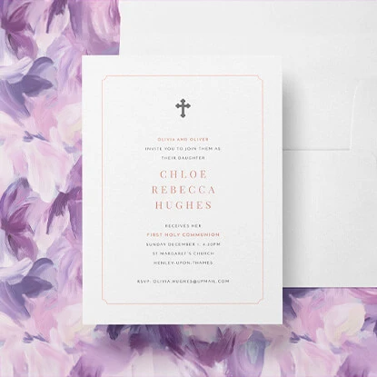 Elegant Holy Communion invitation card with cross and floral design