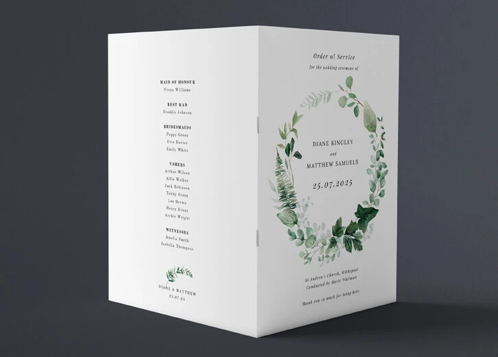 Wedding order of service booklet with a leafy wreath design