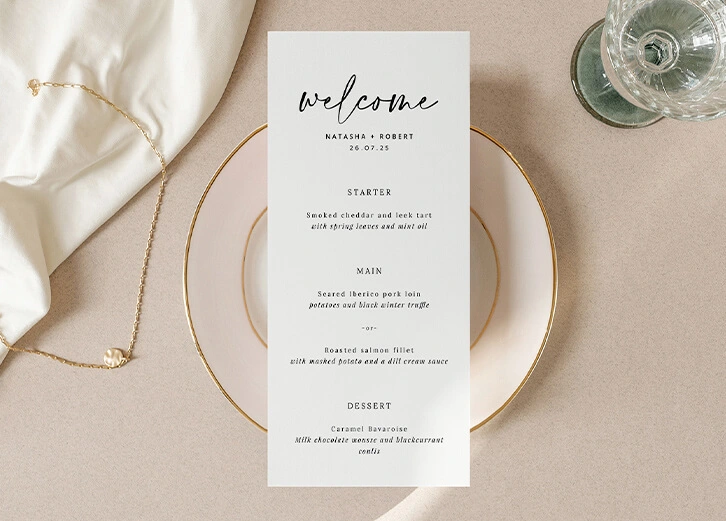 Minimalist wedding meal menu with refined typography, tailored for a classy reception