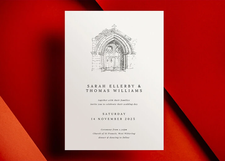 Minimalist wedding invitation featuring a church door illustration on a red background