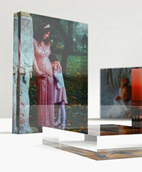 Acrylic glass photo blocks showcasing family and printed photo images