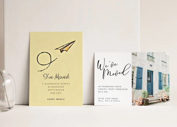 Stylish change of address cards with elegant typography and imagery