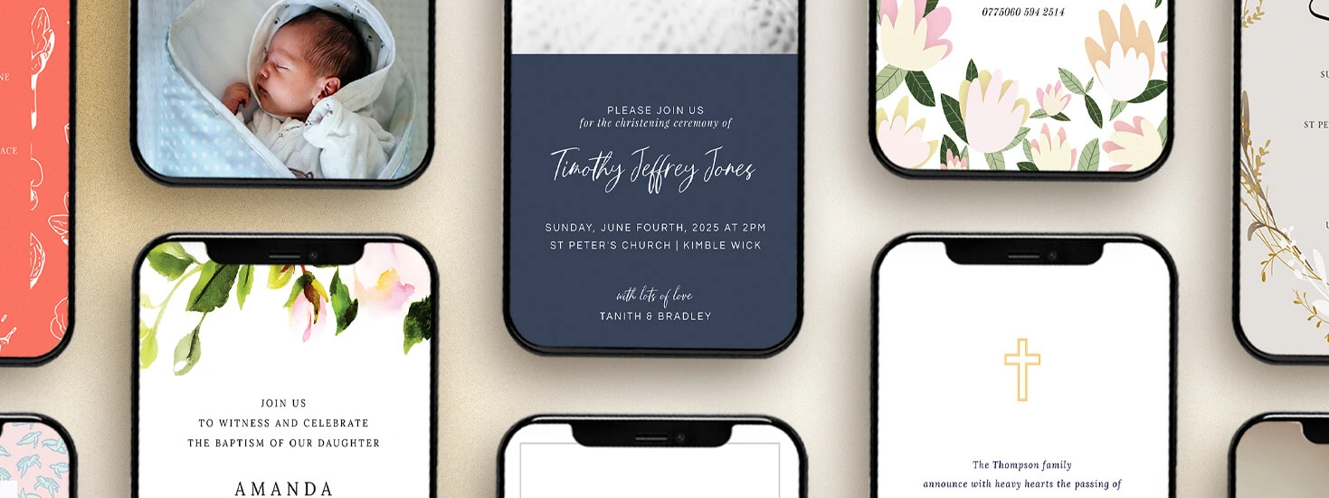 A variety of modern digital christening invitations displayed on smartphone screens with floral and personalised designs.