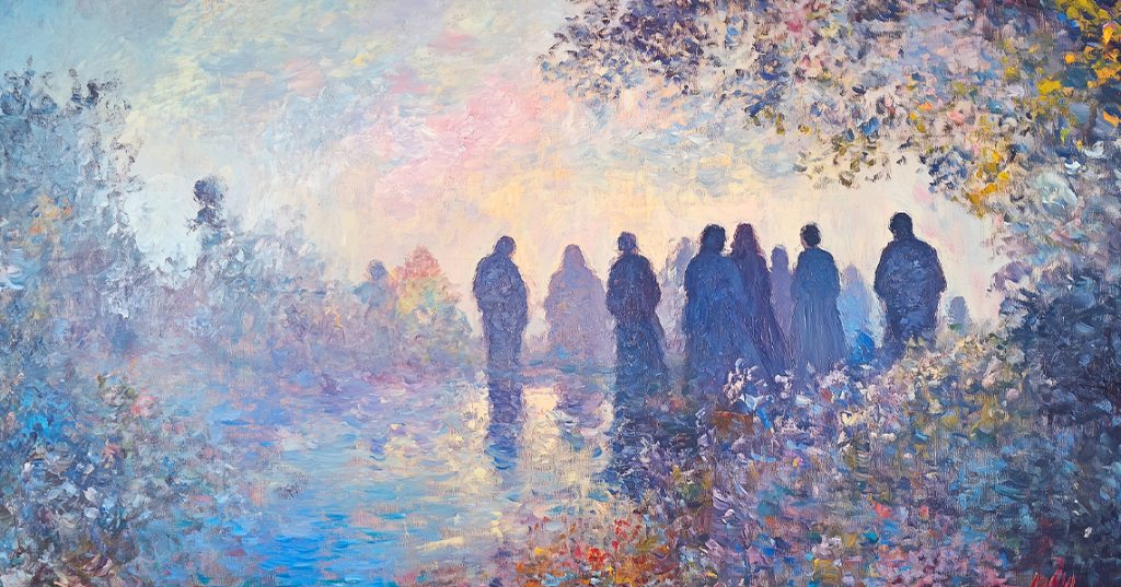 An impressionistic painting of a funeral crowd