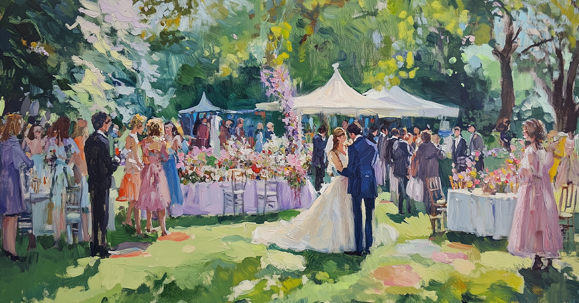 An impressionistic painting of a garden wedding reception party