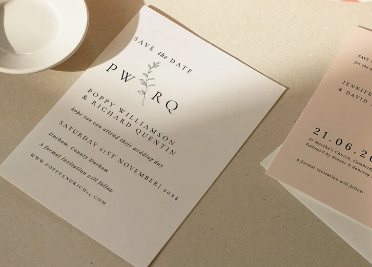 Save the date card with monogram design and minimalist typography.