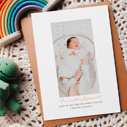 Personalised birth announcement card with baby photo and custom text