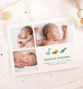 Birth announcement card featuring adorable baby portraits