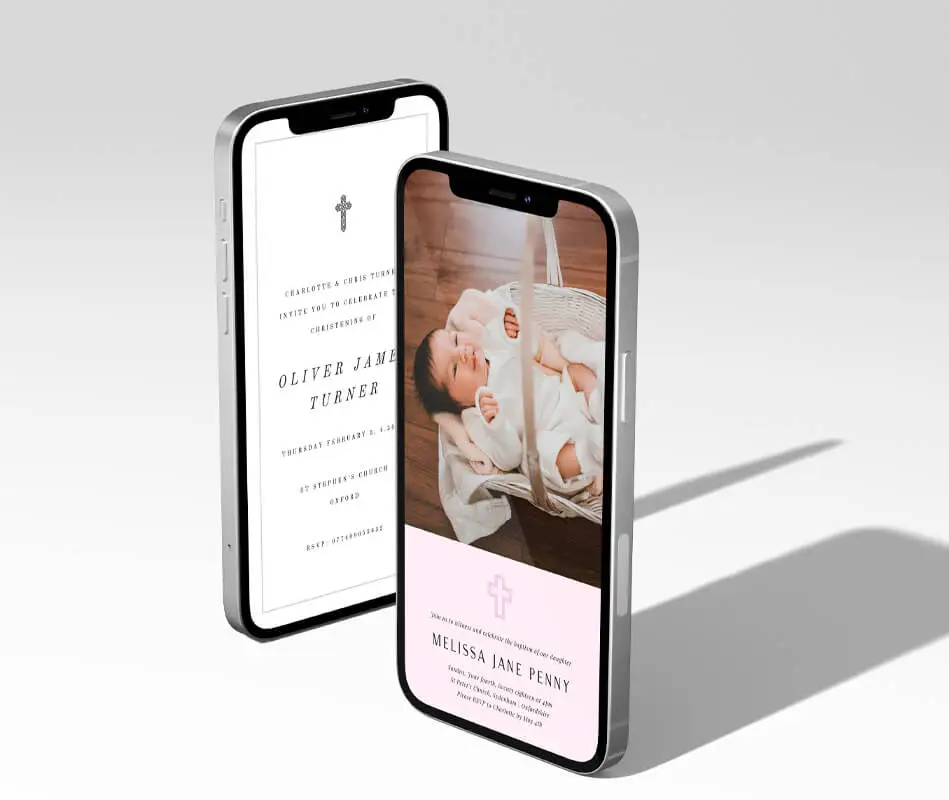 Modern digital christening invitations designed for sharing via smartphones