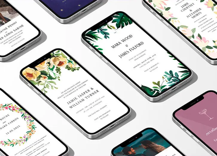 Customisable wedding invitations tailored for digital sharing via smartphones