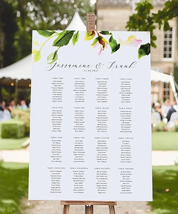 Outdoor seating plan display for a garden wedding with floral accents