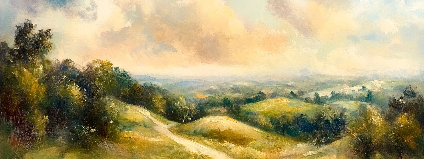 Idyllic landscape painting with rolling green hills and soft, pastel skies evoking serenity and natural beauty