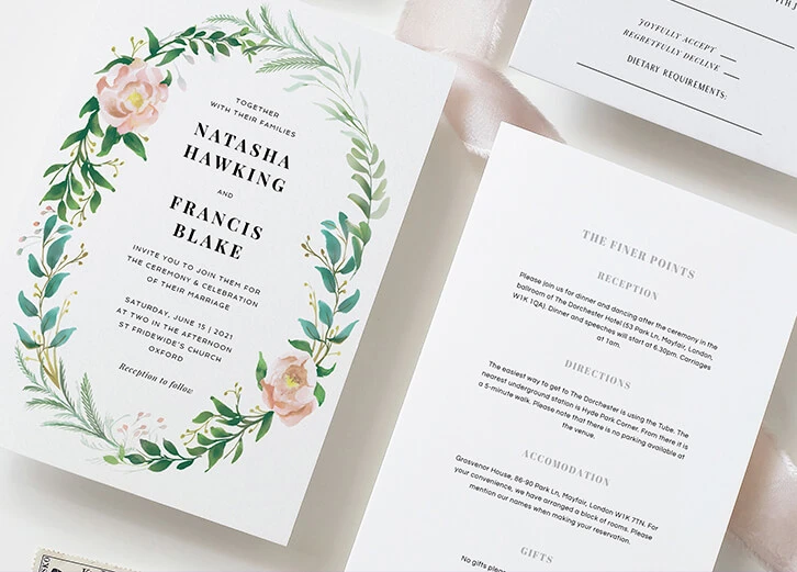 Perfect addition to wedding invitations: a floral-themed information sheet with refined typography