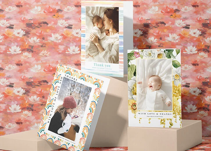 Personalised baby thank you cards featuring vibrant designs and photo upload options, created online.