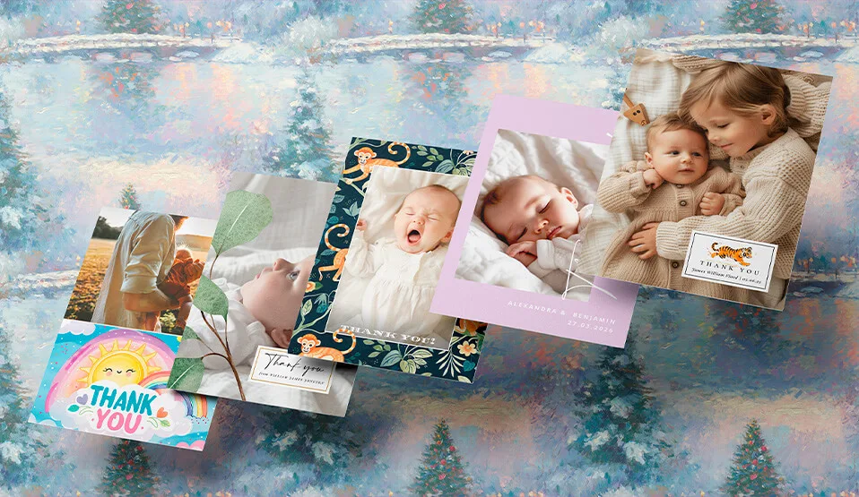 Collection of personalised baby thank you card designs with vibrant and heartfelt themes