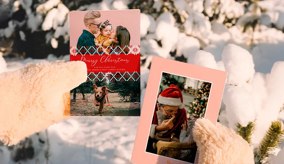 Beautiful personalised Christmas card designs with festive themes and warm family touches