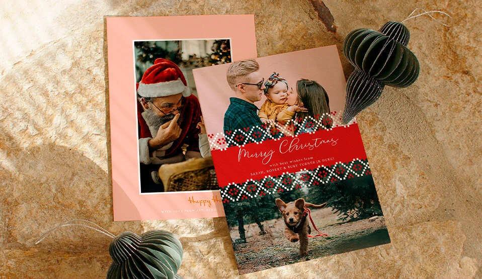 Personalised Christmas cards with family photos and festive designs