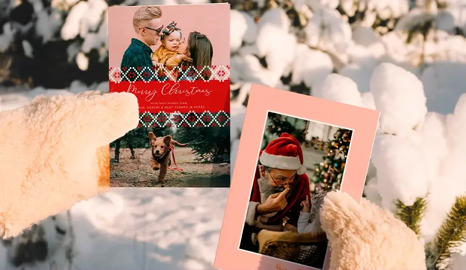 Custom Christmas photo cards featuring festive designs and family photos