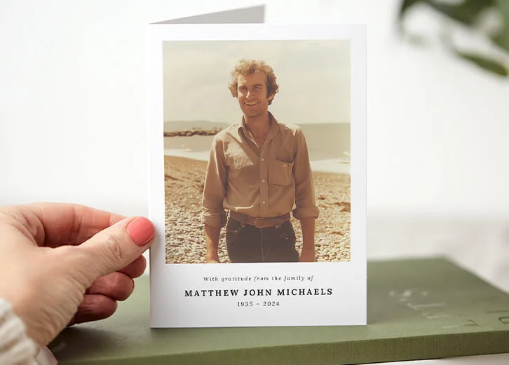 Personalised funeral thank you card featuring a vintage-style photo and heartfelt message