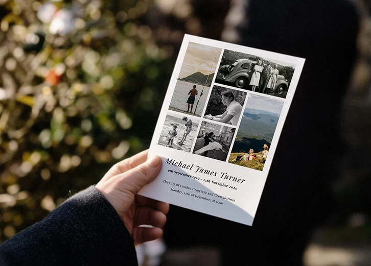 Elegant funeral order of service with a collage of personal photos and premium design