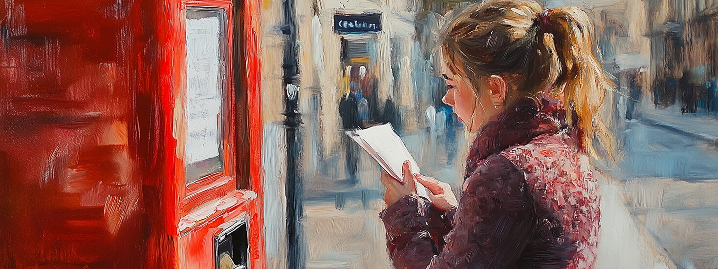 An artistic depiction of a woman posting a letter in a red postbox, featuring personalised letter-writing paper in an urban street setting.