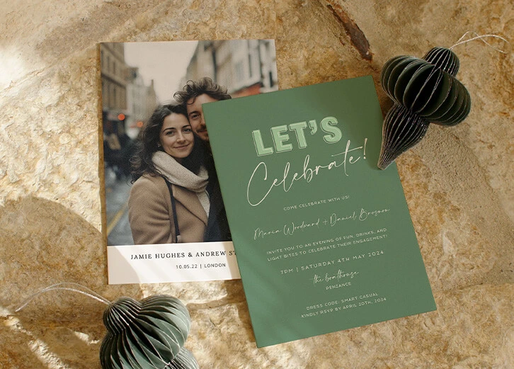 Modern engagement party invitation card featuring sleek typography and a photo design